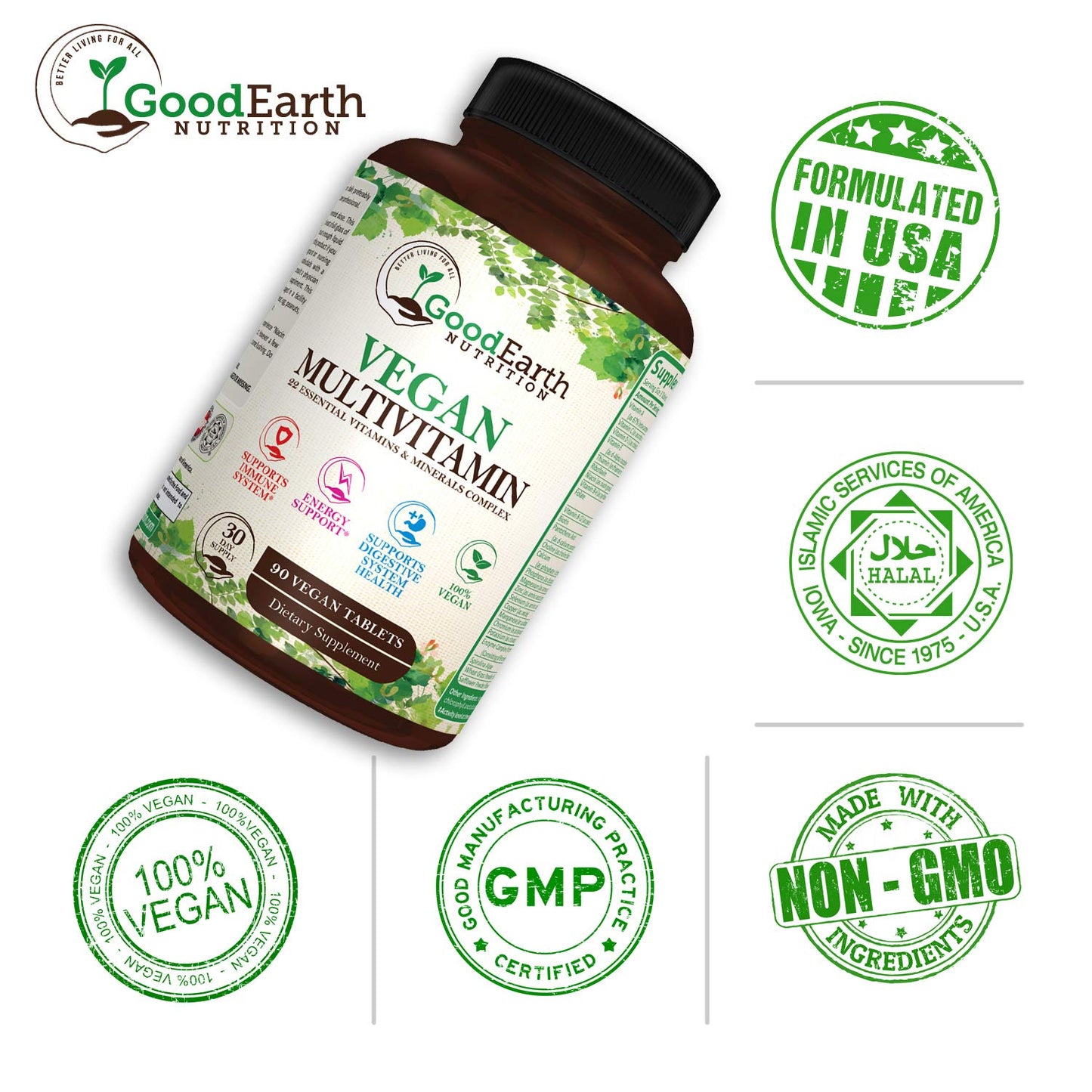 Vegan Multivitamins for Men & Women – Daily Multivitamin with A, B, C, D3 & Zinc