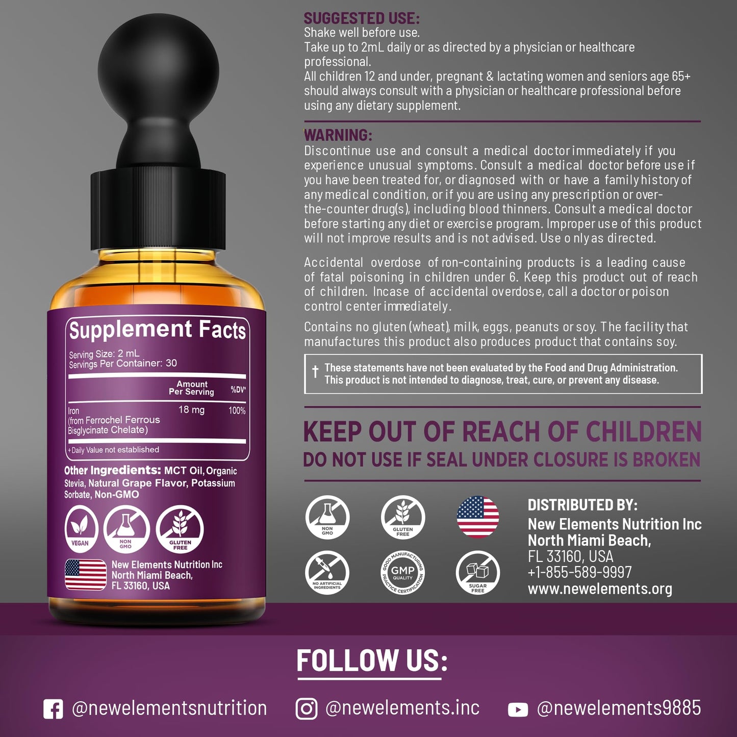 Iron Supplement for Women & Men – Liquid Drops (2oz) with MCT Oil, Natural Grape Flavor, Immune Support