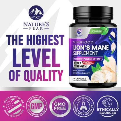 Lions Mane Mushroom Capsules 10,000mg – Memory & Focus Support | Vegan | USA Bottled | 60 Count