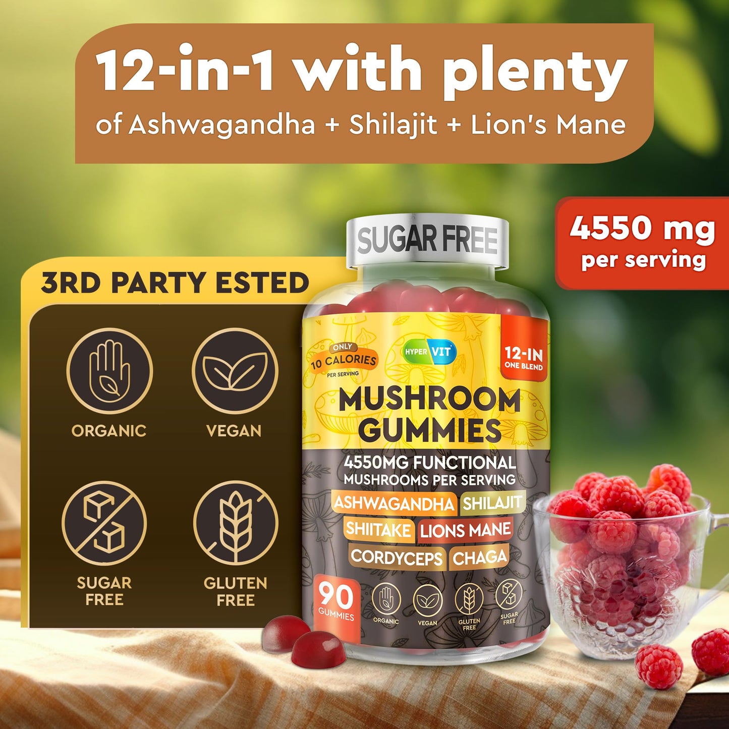 12in1 Mushroom Gummies 4550mg with Ashwagandha & Shilajit – Sugar Free, 90 Count (45 Servings) | Energy & Focus