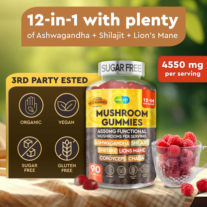 12in1 Mushroom Gummies 4550mg with Ashwagandha & Shilajit – Sugar Free, 90 Count (45 Servings) | Energy & Focus