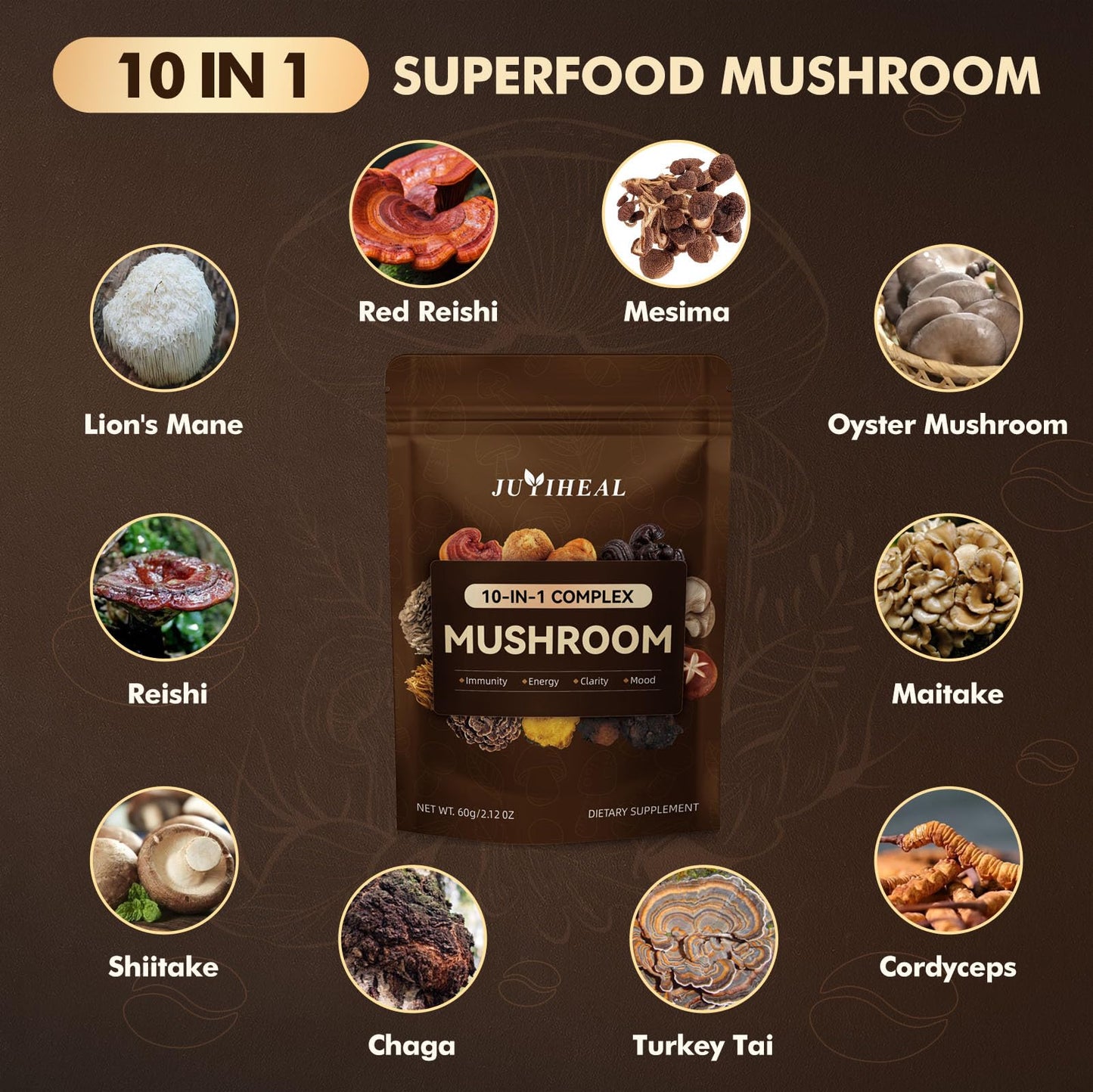 10-in-1 Organic Mushroom Powder – Lion's Mane & More (60g)