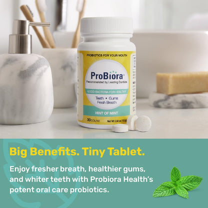 ProBiora Probiotics for Teeth & Gums – Patented ProBiora3, Whitening, Bad Breath Treatment, 30 Mint Tablets