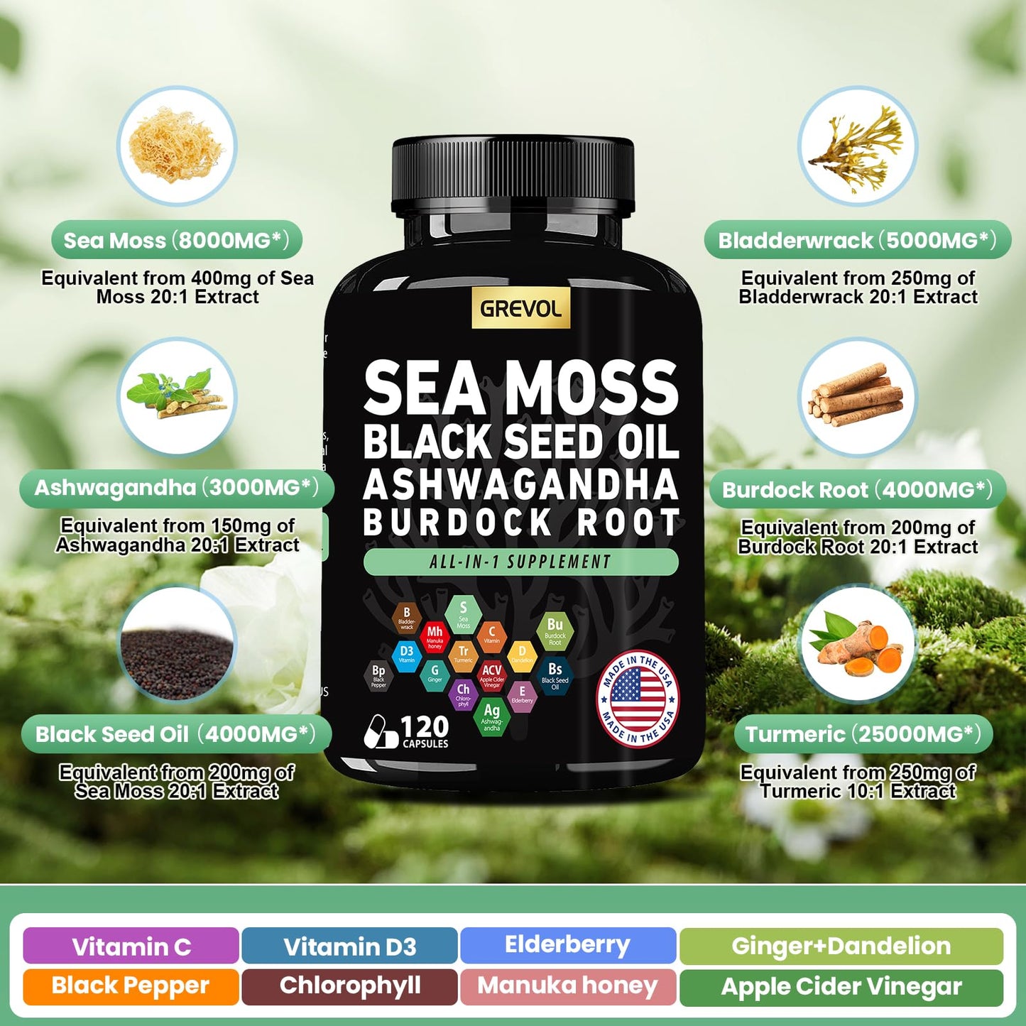 Sea Moss Capsules with Ashwagandha, Black Seed Oil & Turmeric - Multimineral Supplement 120 Count