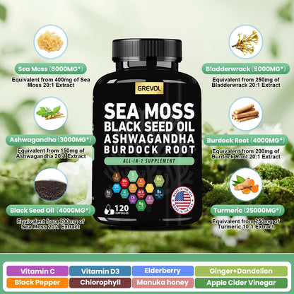 Sea Moss Capsules with Ashwagandha, Black Seed Oil & Turmeric - Multimineral Supplement 120 Count