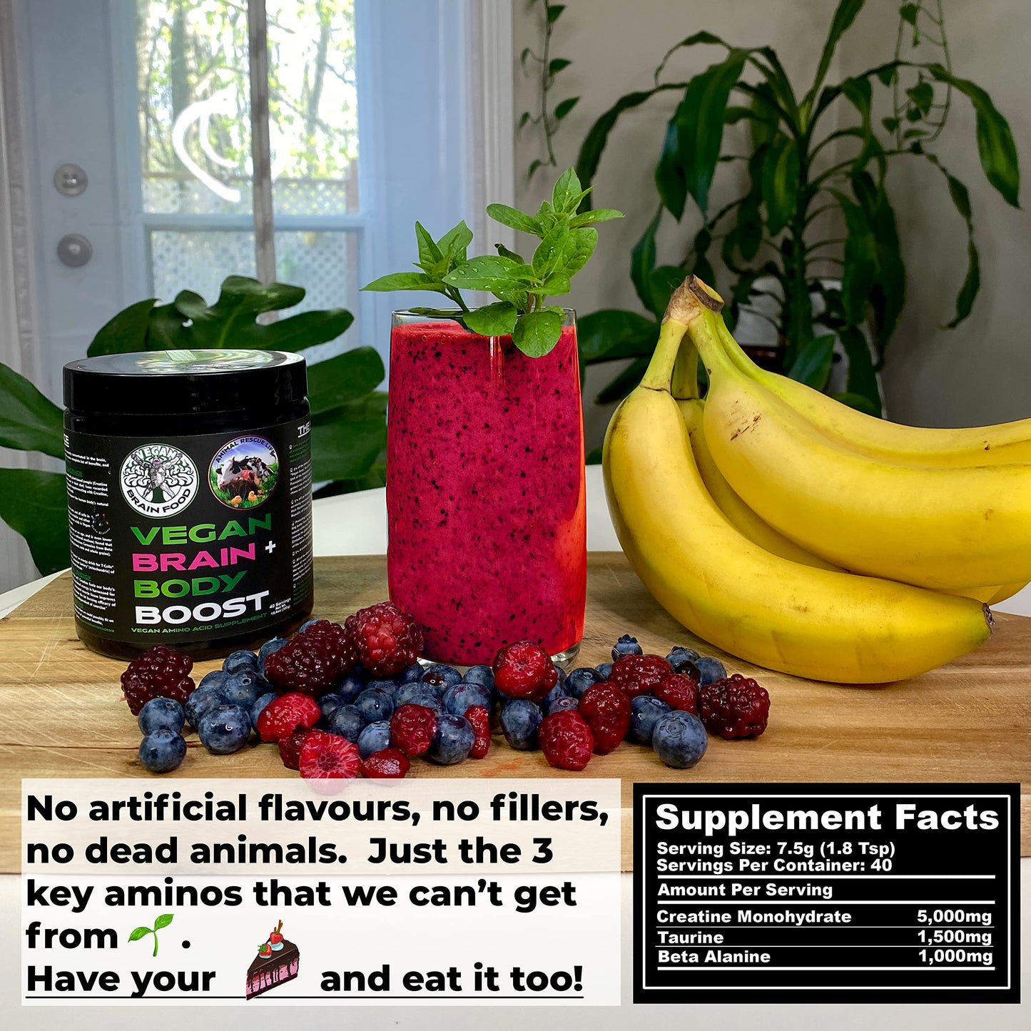 Vegan Brain & Body Boost: The Cherry On Top of a Plant-Based Lifestyle | Working Intelligence | Anti-Aging | Physical Fitness | Vegan Amino Acids - Creatine, Taurine & Beta Alanine | 40 Servings/300g