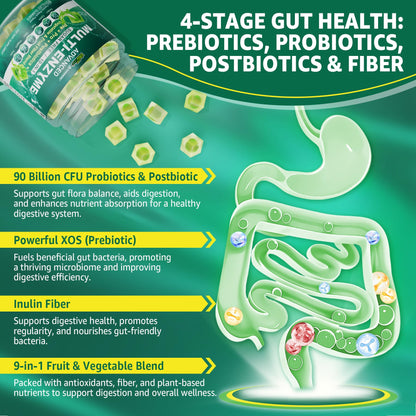 Digestive Enzymes Gummies for Women & Men | 90B CFU Probiotics + Prebiotics & Postbiotics | Fiber Blend | 60 Count