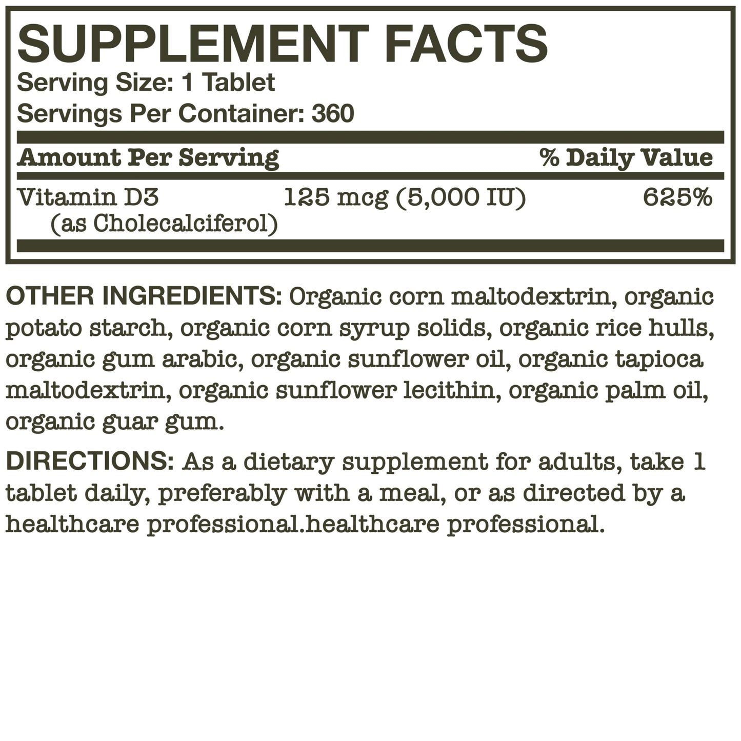 Futurebiotics Vitamin D3 5,000 IU (125 mcg) – USDA Organic, 360 Tablets