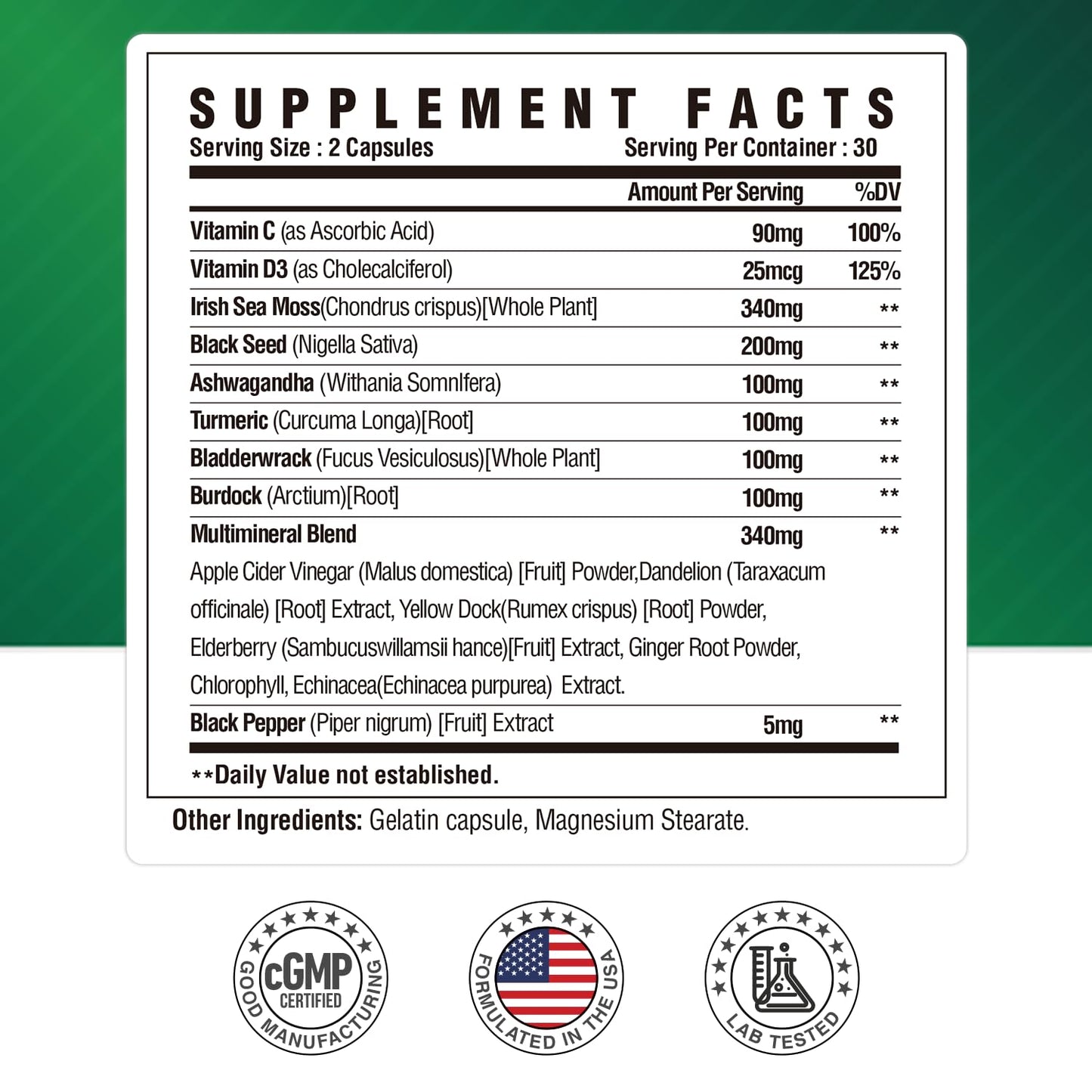 Irish Sea Moss Capsules with Black Seed Oil, Ashwagandha & Ginger – 16-in-1 Immune, Joint & Gut Support (60 Capsules)