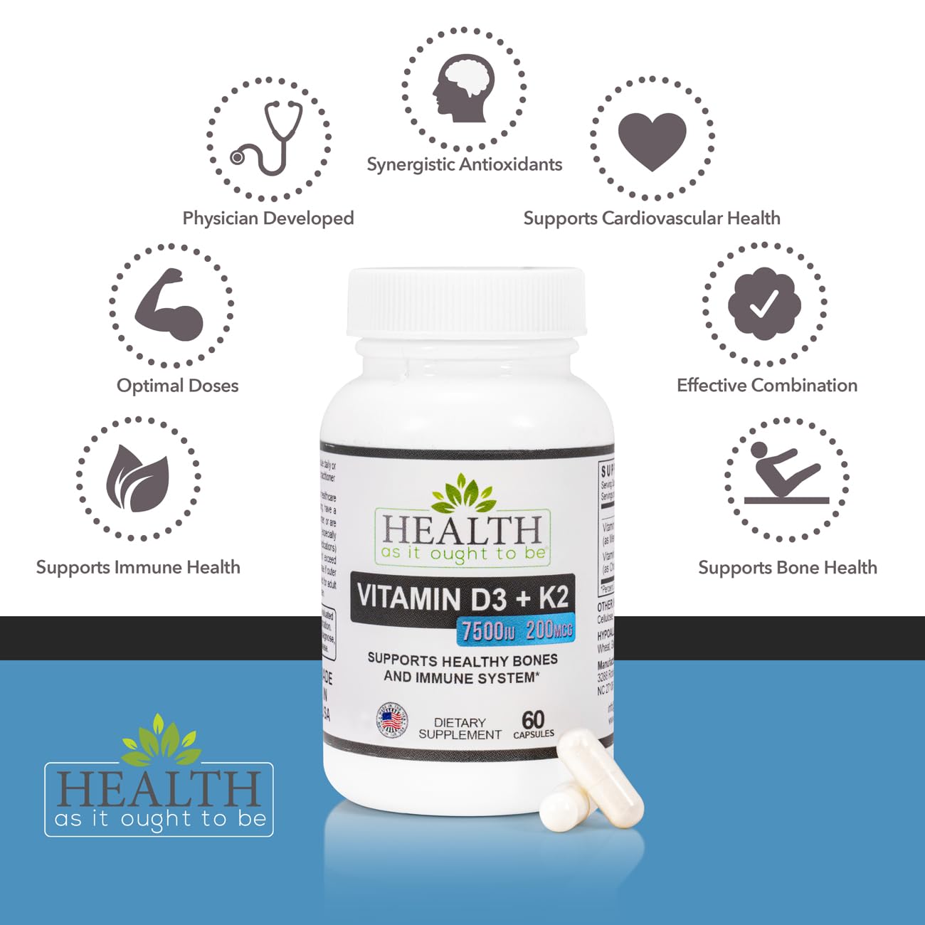Health As It Ought To Be Vitamin D3 + K2 Supplement – Supports Bones, Heart & Immunity – 60 Capsules