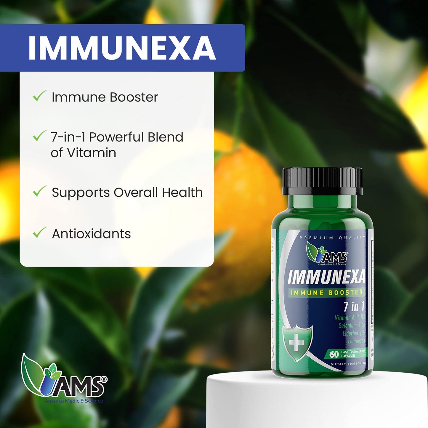 America Medic & Science Immunexa 7 in 1 Immune Support Booster (60 Capsules) – Vitamin A, C, D3, Zinc, Elderberry, Echinacea, Selenium | Gluten-Free, Non-GMO