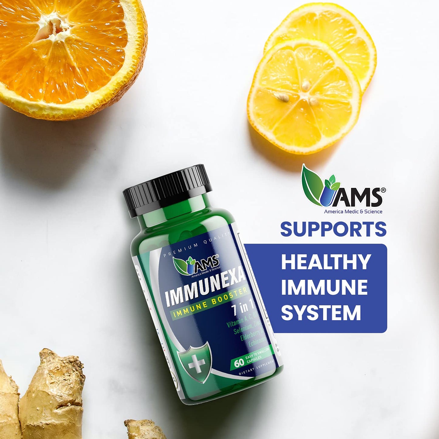 America Medic & Science Immunexa 7 in 1 Immune Support Booster (60 Capsules) – Vitamin A, C, D3, Zinc, Elderberry, Echinacea, Selenium | Gluten-Free, Non-GMO