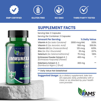 America Medic & Science Immunexa 7 in 1 Immune Support Booster (60 Capsules) – Vitamin A, C, D3, Zinc, Elderberry, Echinacea, Selenium | Gluten-Free, Non-GMO