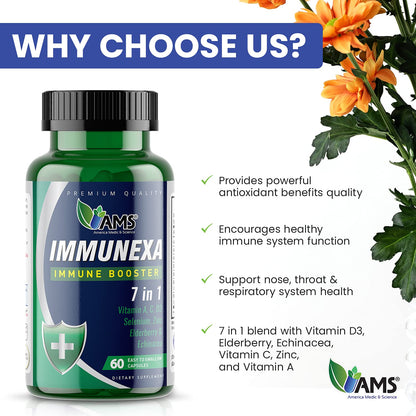 America Medic & Science Immunexa 7 in 1 Immune Support Booster (60 Capsules) – Vitamin A, C, D3, Zinc, Elderberry, Echinacea, Selenium | Gluten-Free, Non-GMO