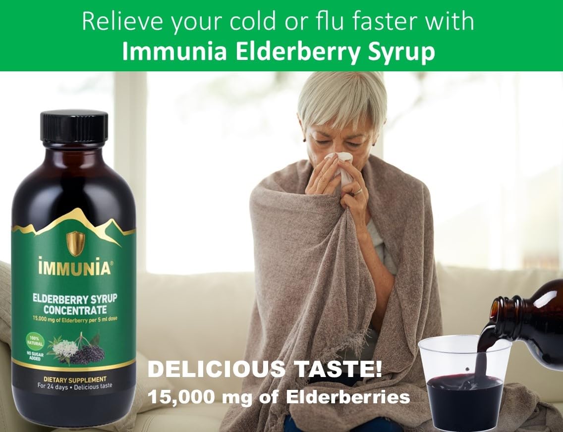 Immunia Elderberry Syrup – No Sugar Added, with Elderberry, Elderflower, Thyme & Peppermint | 24 Days per Bottle (1-Pack)