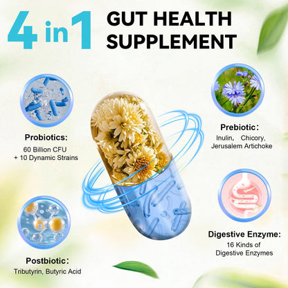 4-in-1 Gut Health Supplement with 60B CFU Probiotics for Immunity & Skin | Women & Men