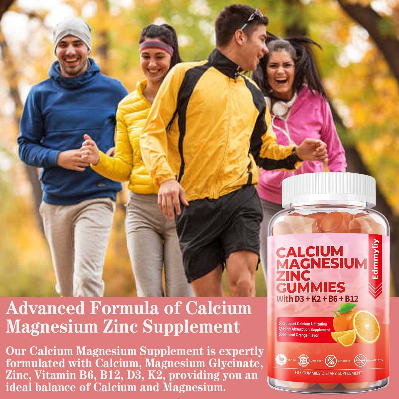 Sugar Free Calcium Magnesium Zinc Gummies with Vitamin D3 & B12 – Immune Support (120 Count)