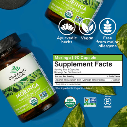 Organic India Moringa Capsules Organic – Green Superfood, Vegan, Gluten-Free | 90 Capsules