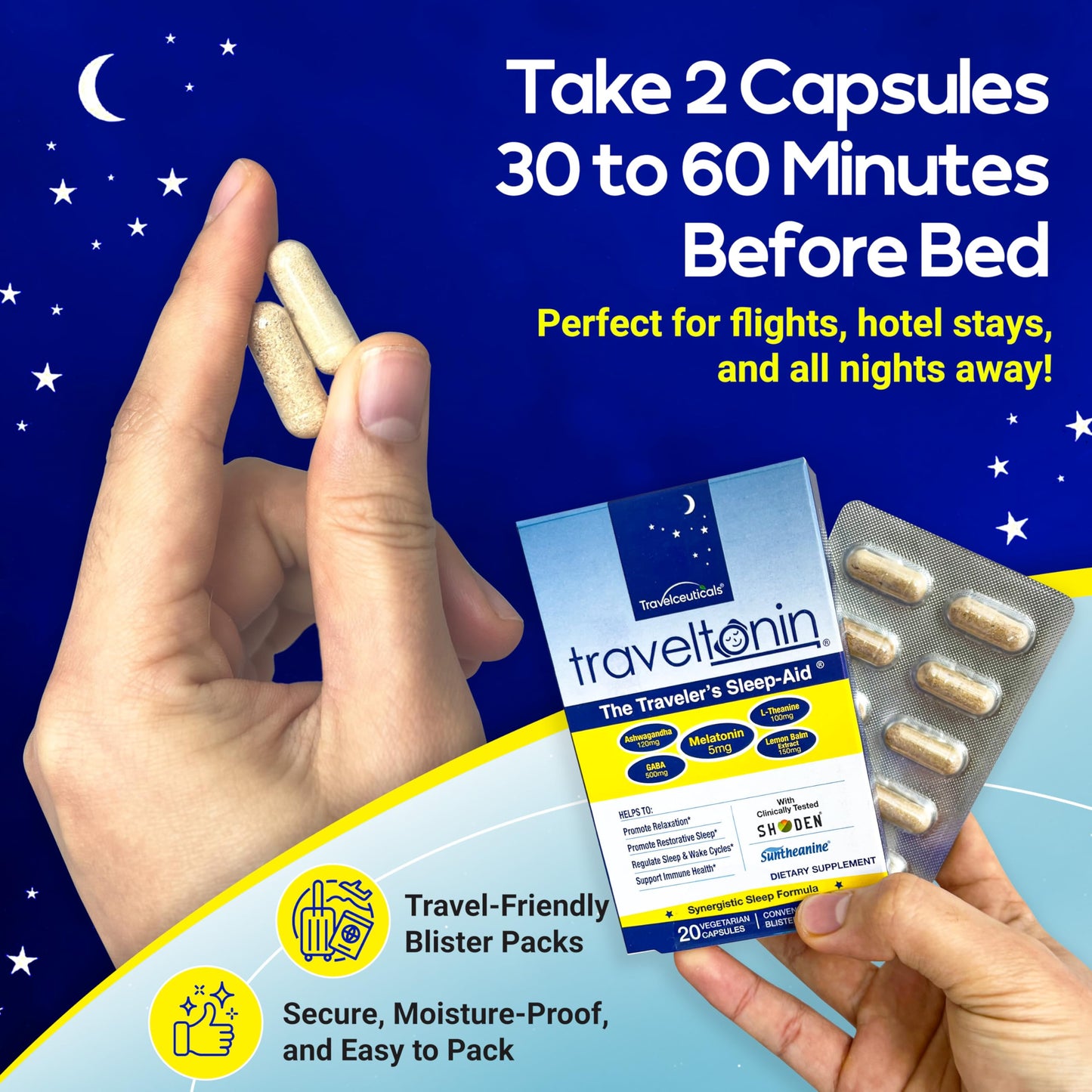Travel Sleep Aid - Jet Lag Relief, Restorative Sleep & Immune Support | 5-in-1 Melatonin, Ashwagandha, L-Theanine, GABA, Lemon Balm | 20 Capsules
