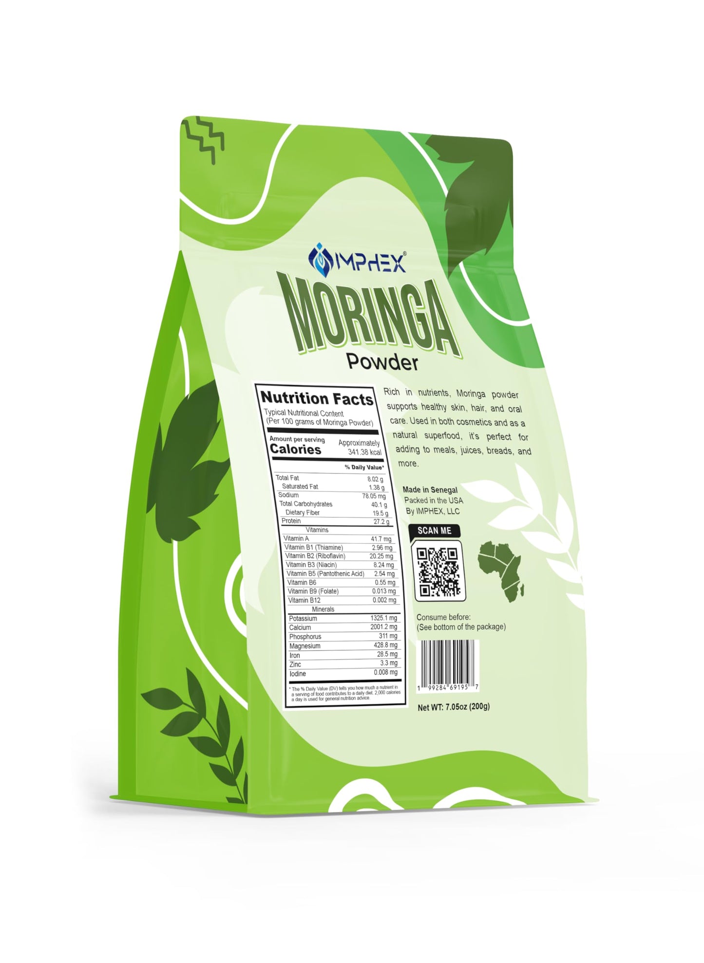 IMPHEX Moringa Powder – Raw & Natural from Senegal | 100% Pure Superfood | Rich in Iron, Calcium & Antioxidants | Non-GMO, Gluten-Free, No Additives | 7.05 oz (200g)