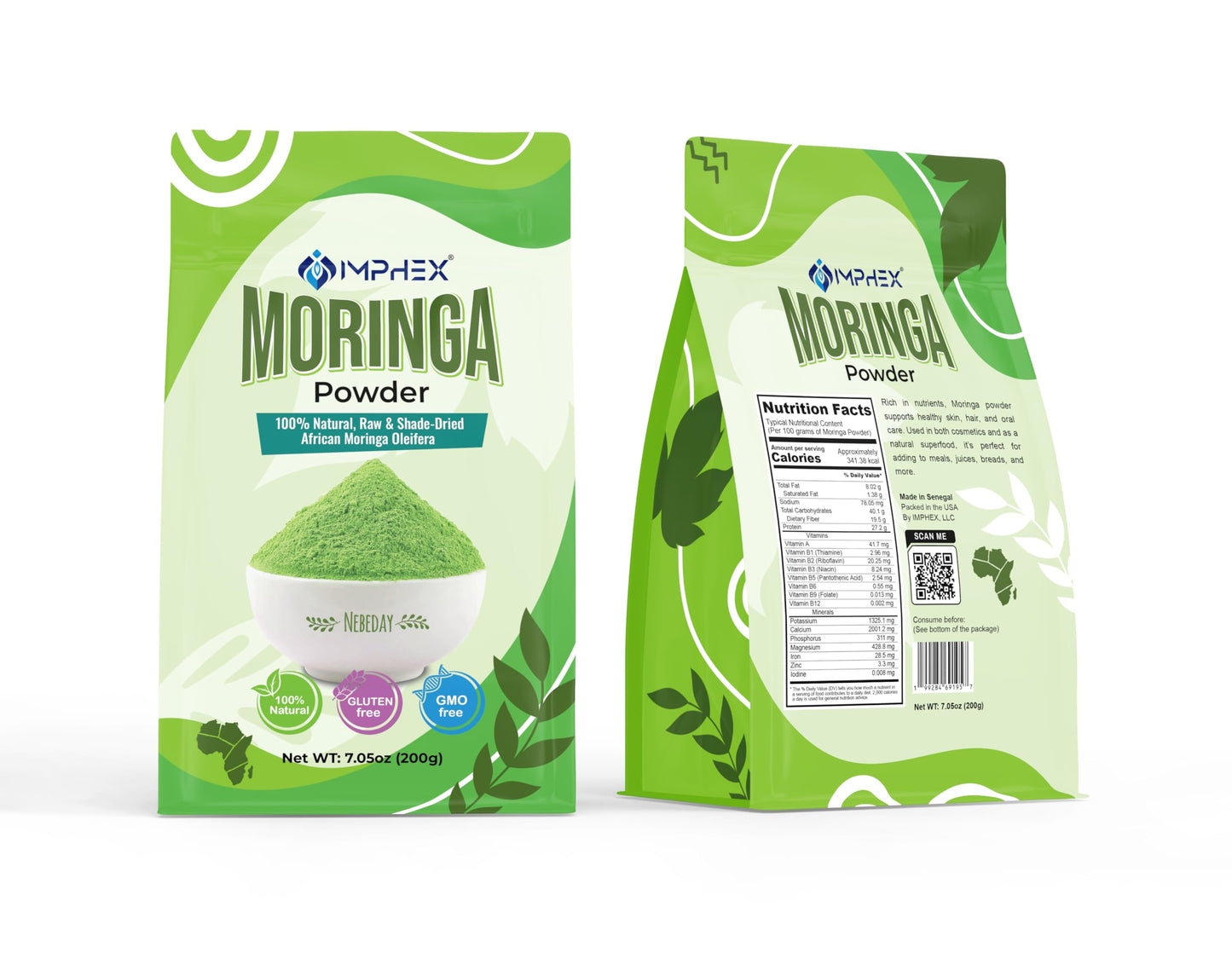 IMPHEX Moringa Powder – Raw & Natural from Senegal | 100% Pure Superfood | Rich in Iron, Calcium & Antioxidants | Non-GMO, Gluten-Free, No Additives | 7.05 oz (200g)