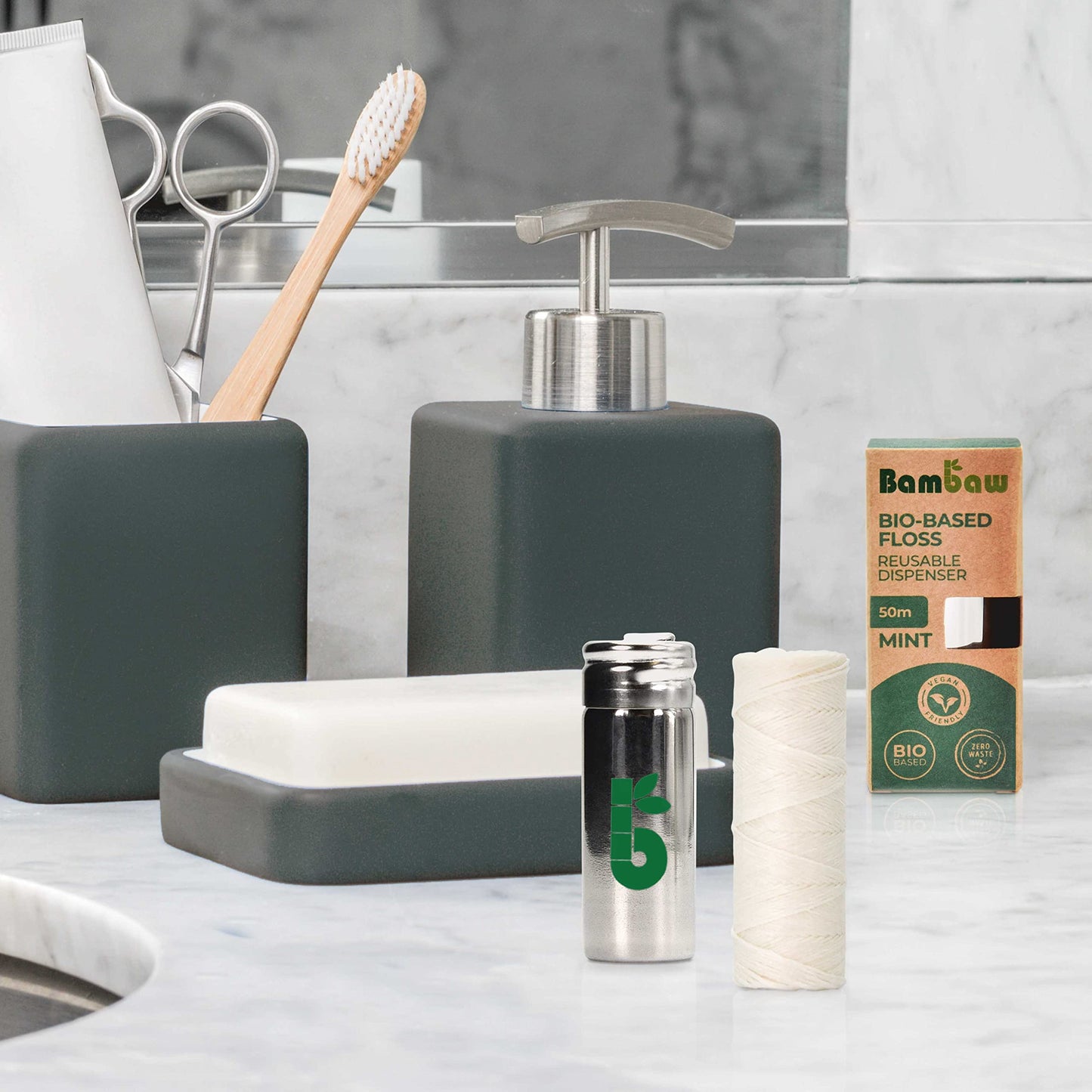 Vegan Dental Floss | Refillable Stainless Steel Dispenser | Zero Waste Mint 55 Yards | Bambaw