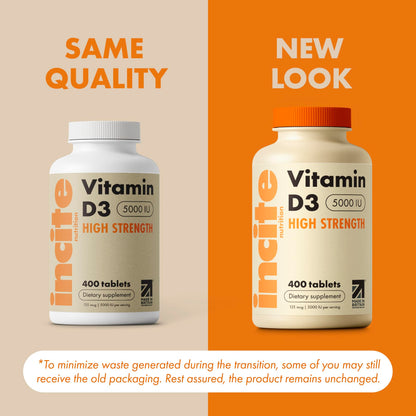 Incite Nutrition Vitamin D3 5000iu - 400 Micro Tablets, High Strength, UK Made