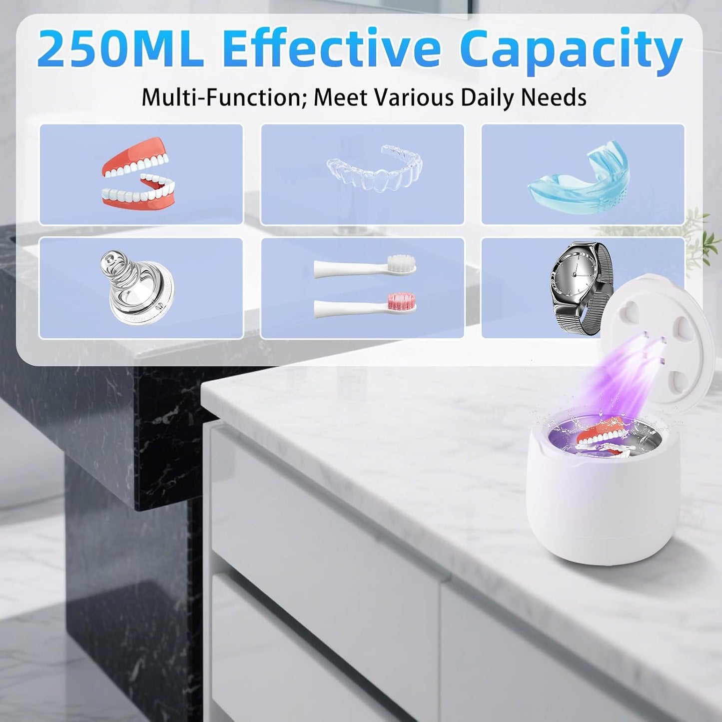Ultrasonic Retainer Cleaner 42kHz | 250ml UV Cleaning Pod