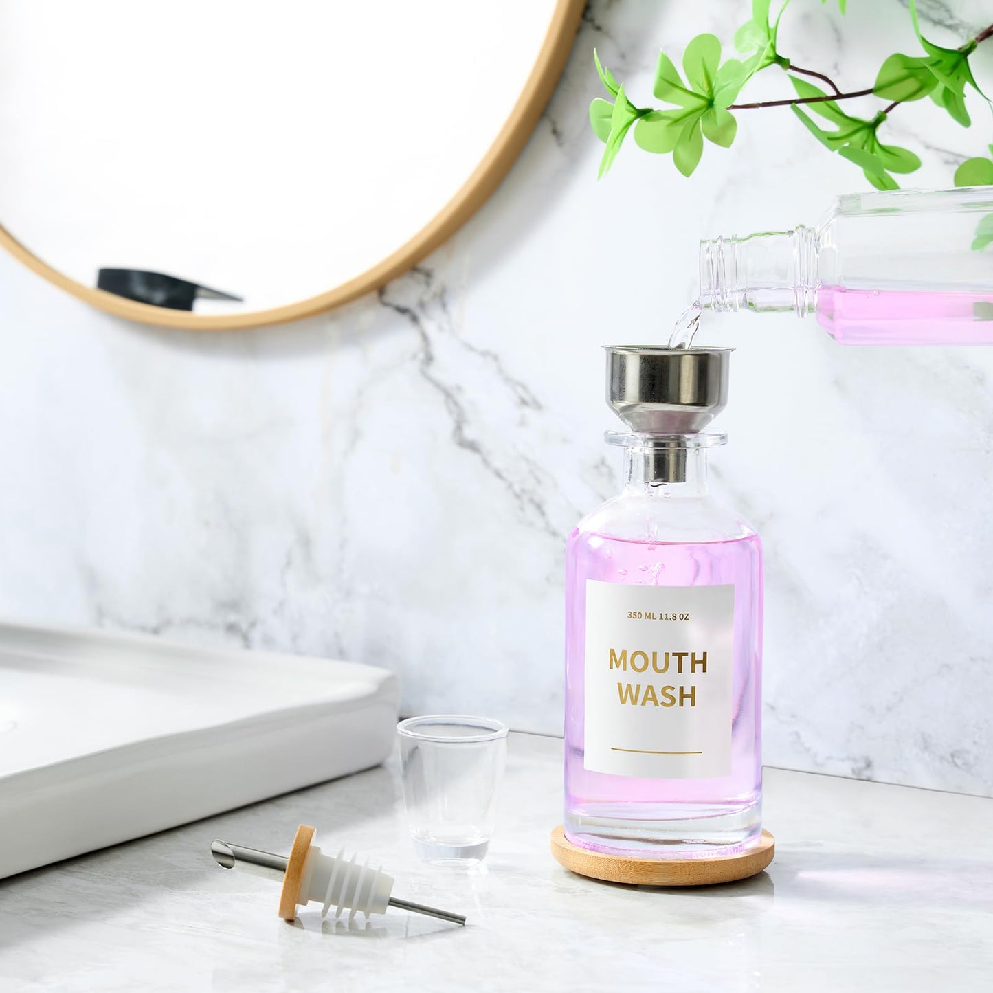 Glass Mouthwash Dispenser for Bathroom – 11.8oz, Stainless Steel Spouts, Bamboo Holder