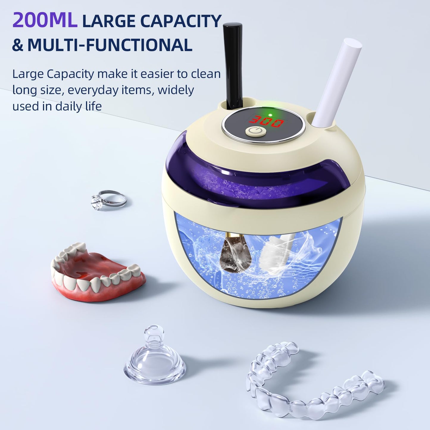 Ultrasonic Retainer Cleaner 200ml, 45kHz, 4 Modes, Light Yellow