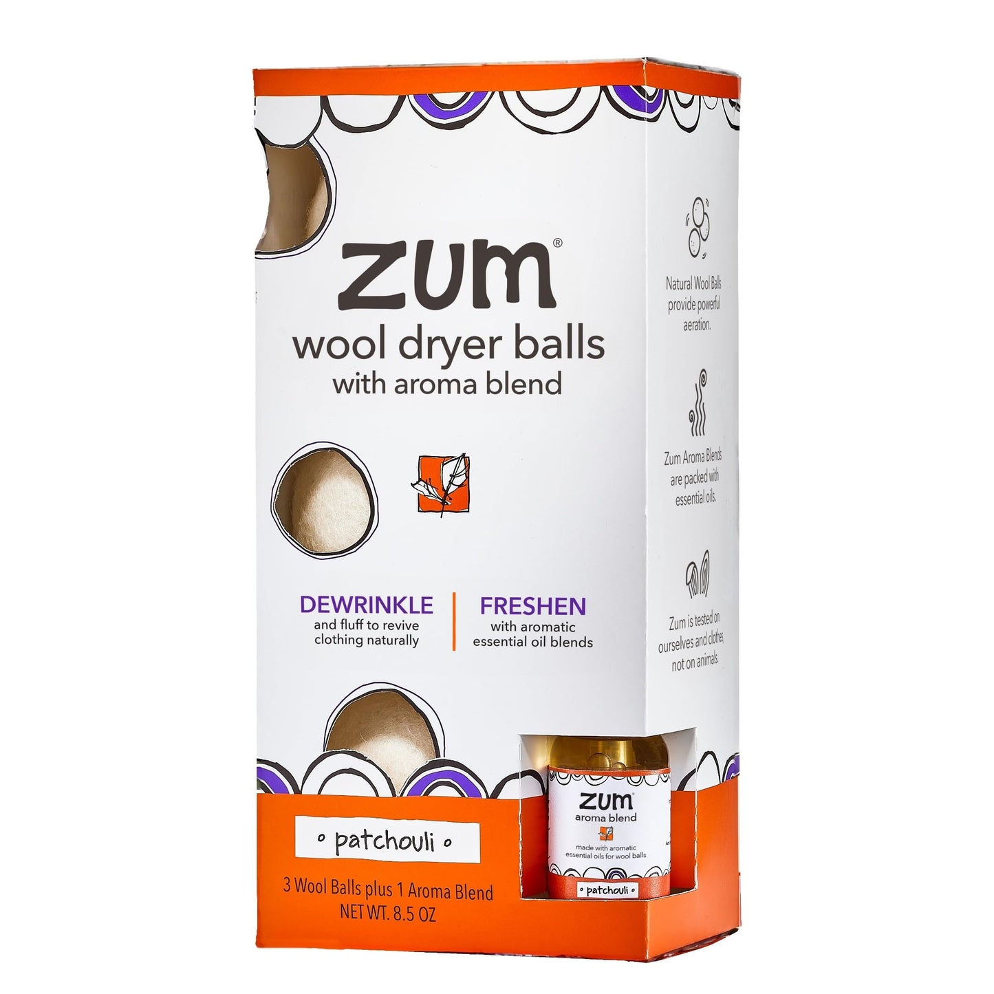Indigo Wild Zum Laundry Dryer Balls Kit – Patchouli Scented Wool Dryer Balls (3 Pack + Aroma Blend)
