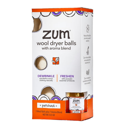 Indigo Wild Zum Laundry Dryer Balls Kit – Patchouli Scented Wool Dryer Balls (3 Pack + Aroma Blend)