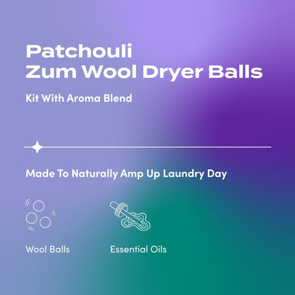 Indigo Wild Zum Laundry Dryer Balls Kit – Patchouli Scented Wool Dryer Balls (3 Pack + Aroma Blend)