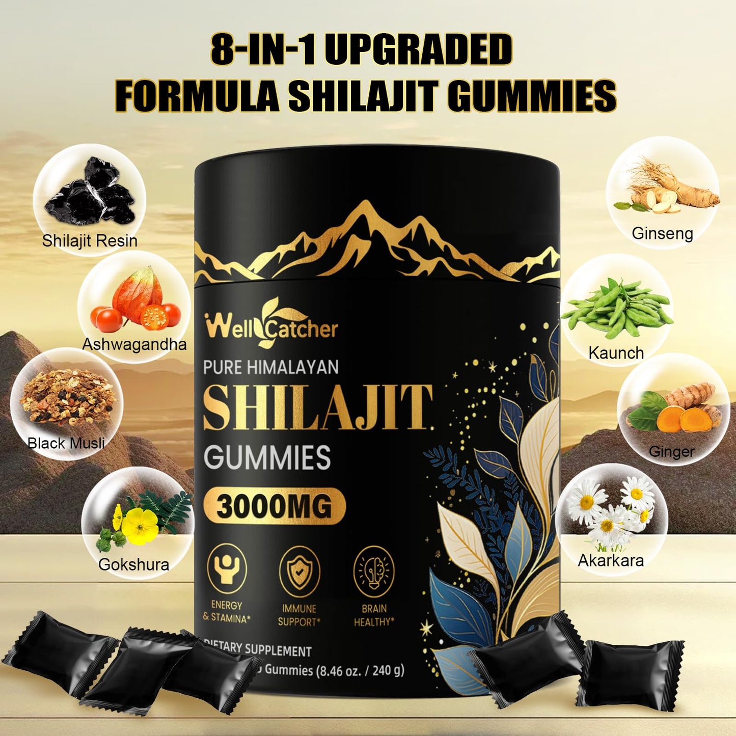 Shilajit Gummies for Men & Women — Pure Himalayan Shilajit with Ashwagandha, 85+ Minerals, No Sugar, 40 Servings