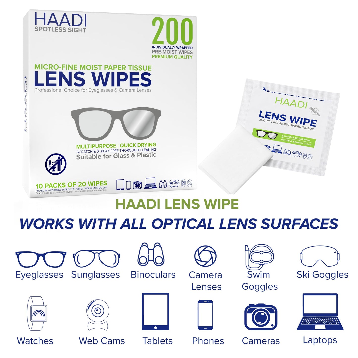 Glasses Cleaner Wipes – 200 Individually Wrapped, Pre-Moistened Lenses Wipes for Eyeglasses, Cameras, Binoculars & Screens