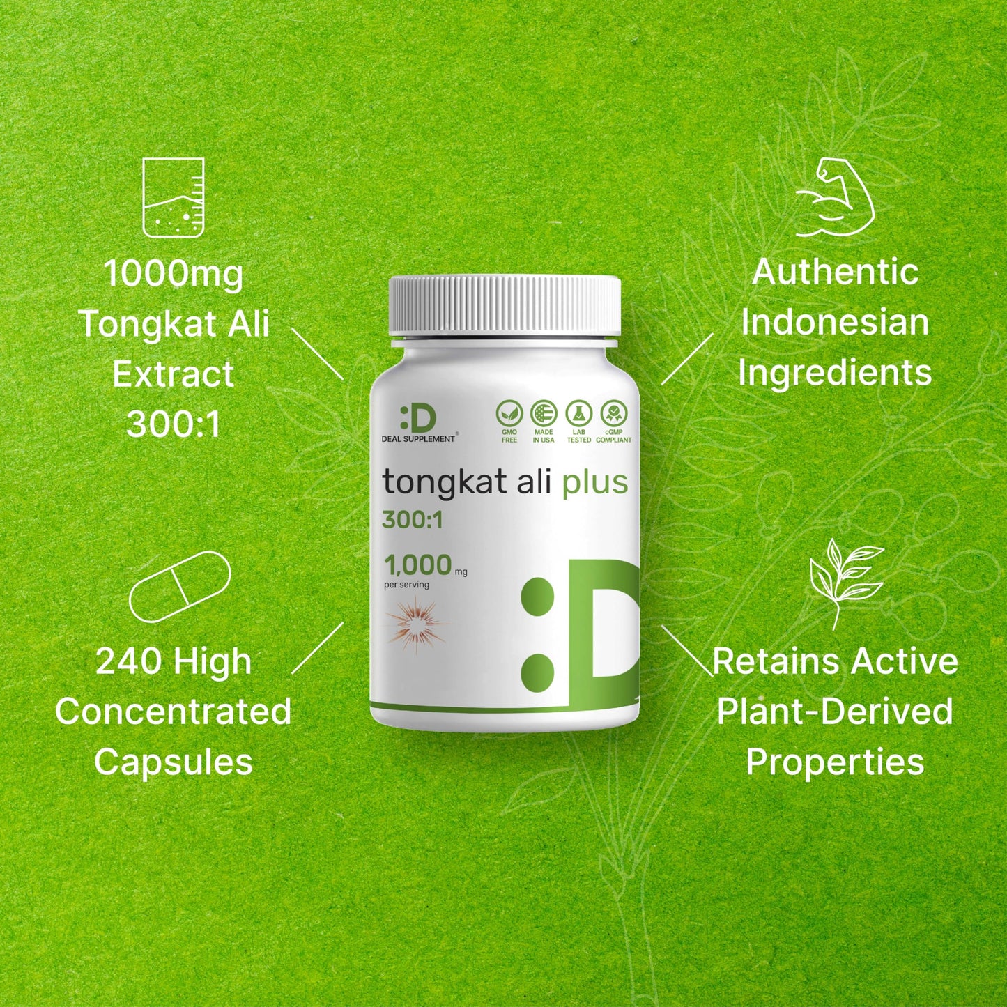 Tongkat Ali Extract 300:1 with Horny Goat Weed 1,100mg – Indonesian Longjack Eurycoma Longifolia Root – Extra Strength Herbal Supplement for Energy