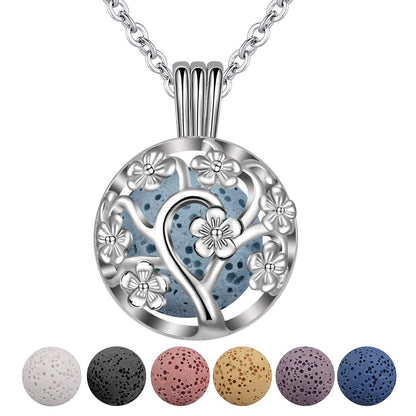 INFUSEU Sakura Tree Aromatherapy Necklace - Diffuser Locket Pendant with 7 Lava Stones and 24-inch Chain