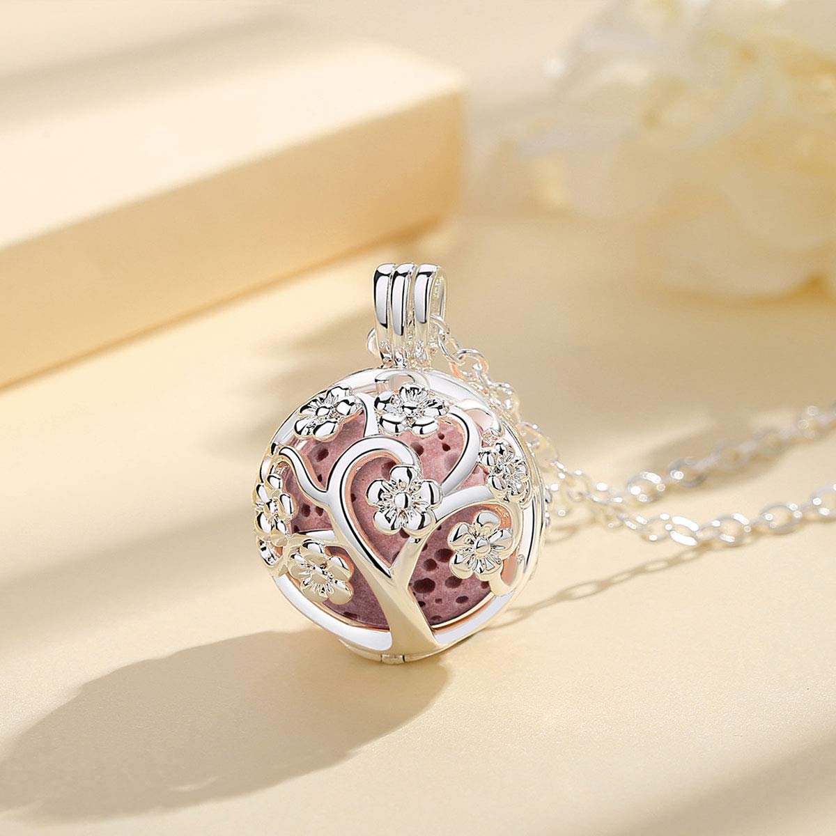 INFUSEU Sakura Tree Aromatherapy Necklace - Diffuser Locket Pendant with 7 Lava Stones and 24-inch Chain