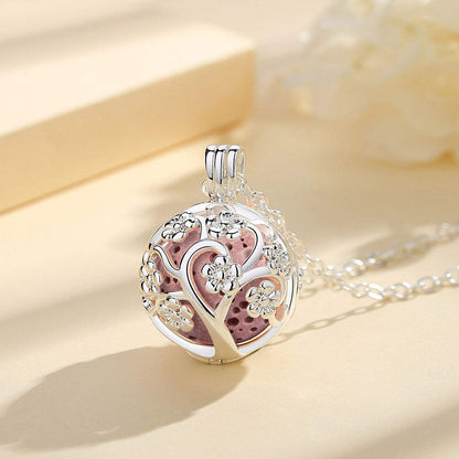 INFUSEU Sakura Tree Aromatherapy Necklace - Diffuser Locket Pendant with 7 Lava Stones and 24-inch Chain