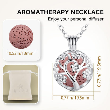 INFUSEU Sakura Tree Aromatherapy Necklace - Diffuser Locket Pendant with 7 Lava Stones and 24-inch Chain