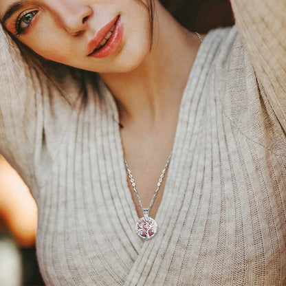INFUSEU Sakura Tree Aromatherapy Necklace - Diffuser Locket Pendant with 7 Lava Stones and 24-inch Chain
