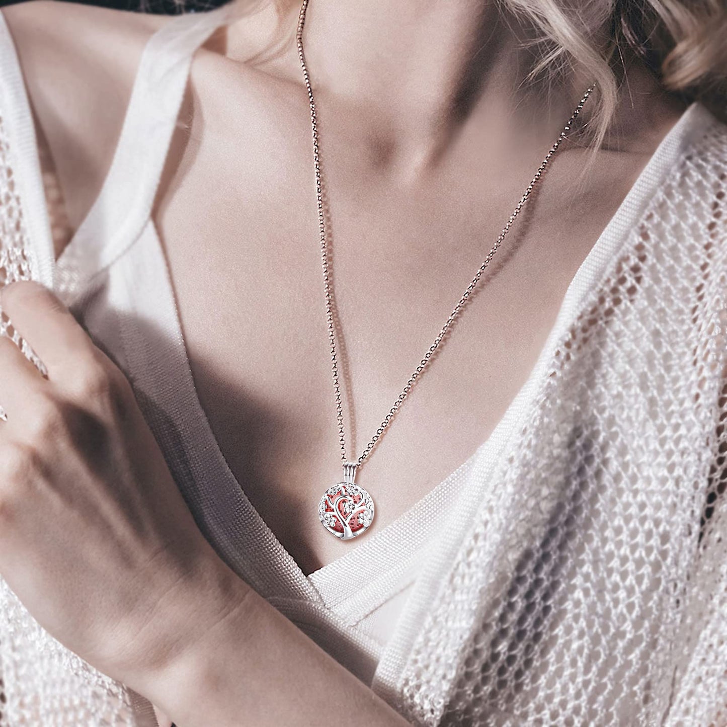 INFUSEU Sakura Tree Aromatherapy Necklace - Diffuser Locket Pendant with 7 Lava Stones and 24-inch Chain