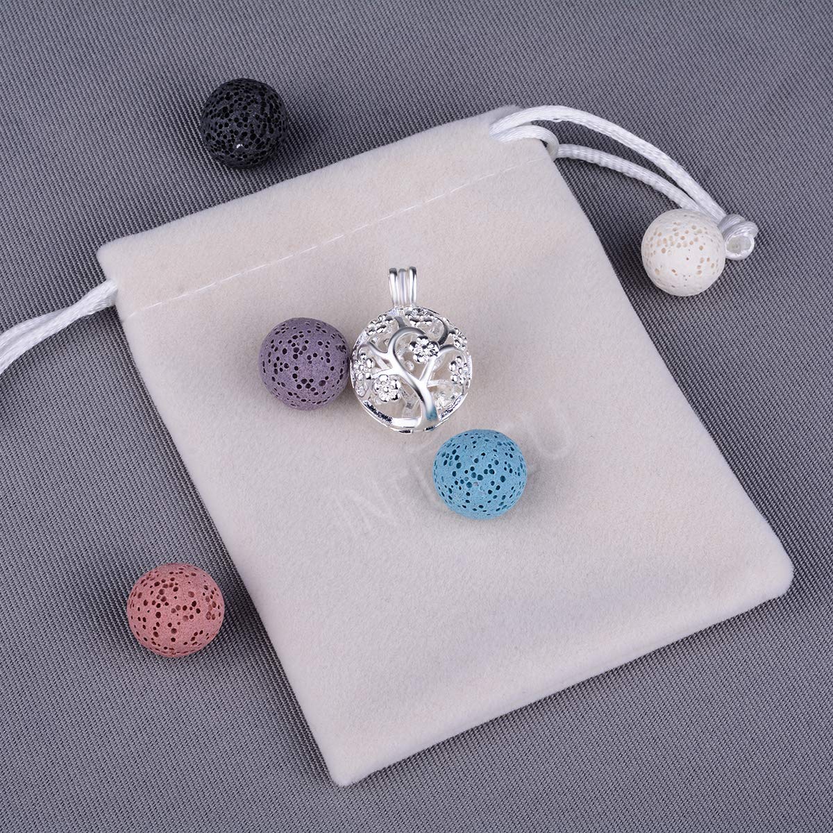 INFUSEU Sakura Tree Aromatherapy Necklace - Diffuser Locket Pendant with 7 Lava Stones and 24-inch Chain