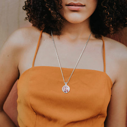 INFUSEU Sakura Tree Aromatherapy Necklace - Diffuser Locket Pendant with 7 Lava Stones and 24-inch Chain
