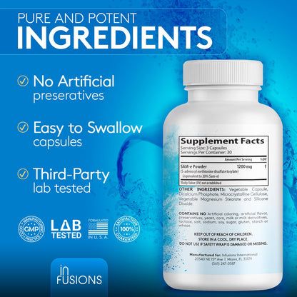 Infusions Maximum Strength Pure SAM-e 1200mg 90 Vegetable Capsules (S-adensoyl-methionine)