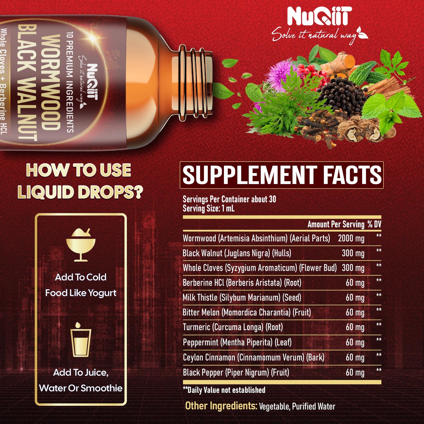 10in1 Wormwood Liquid Drops with Wormwood, Black Walnut, Whole Cloves, Berberine, Milk Thistle, Turmeric, Ginger, Milk Thistle and More - 30ml Liquid Drops for 30Days