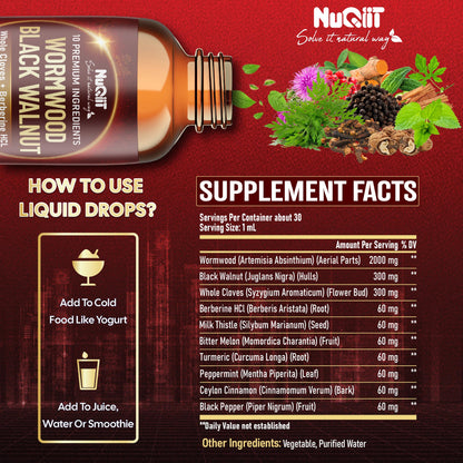 10in1 Wormwood Liquid Drops with Wormwood, Black Walnut, Whole Cloves, Berberine, Milk Thistle, Turmeric, Ginger, Milk Thistle and More - 30ml Liquid Drops for 30Days