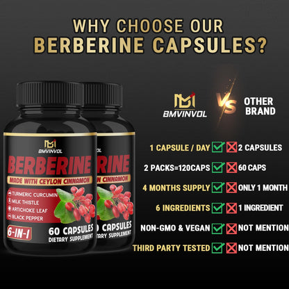 Berberine with Ceylon Cinnamon, Turmeric, Milk Thistle – 120 Capsules, 4 Months