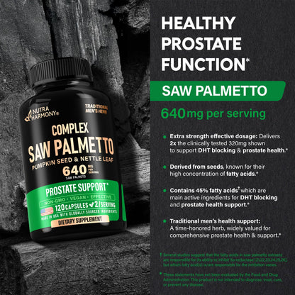 Saw Palmetto for Men 640mg – Prostate Health & Hair Support | 120 Capsules | Made in USA