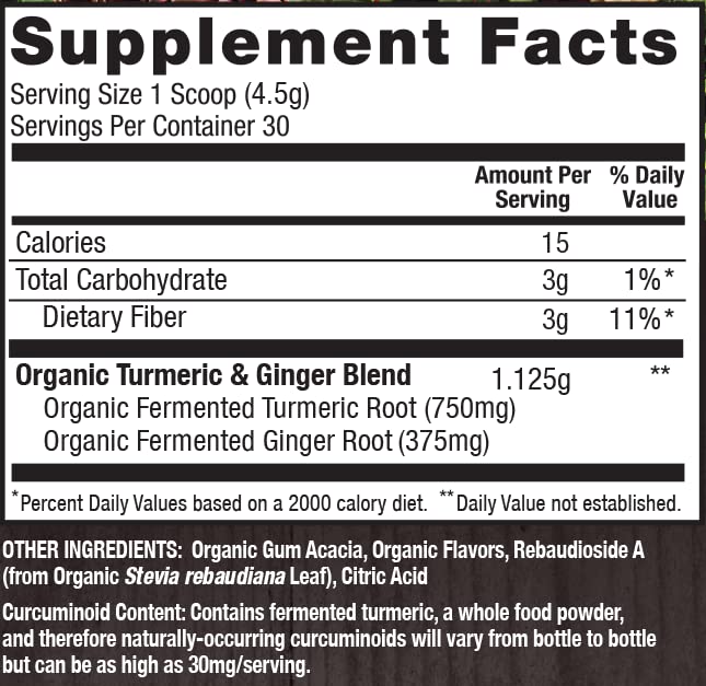 PlantFusion Turmeric & Ginger Drink Mix – Fermented Whole Food Nutrition, 4.76 oz, 30 Servings, USDA Organic